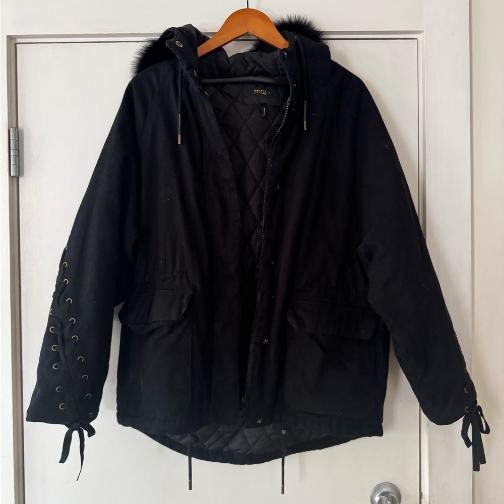 Maje Black Quilted Hooded Parka Anorak Jacket. Real fur removable trim at hood.